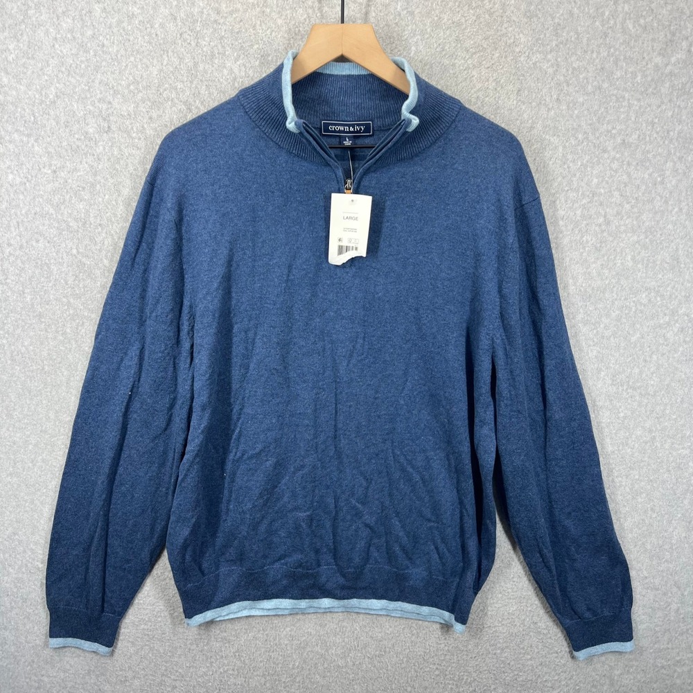 Crown & Ivy Quarter Zip Pullover Mens Large Blue Cotton Wool Blend Mock Neck NWT